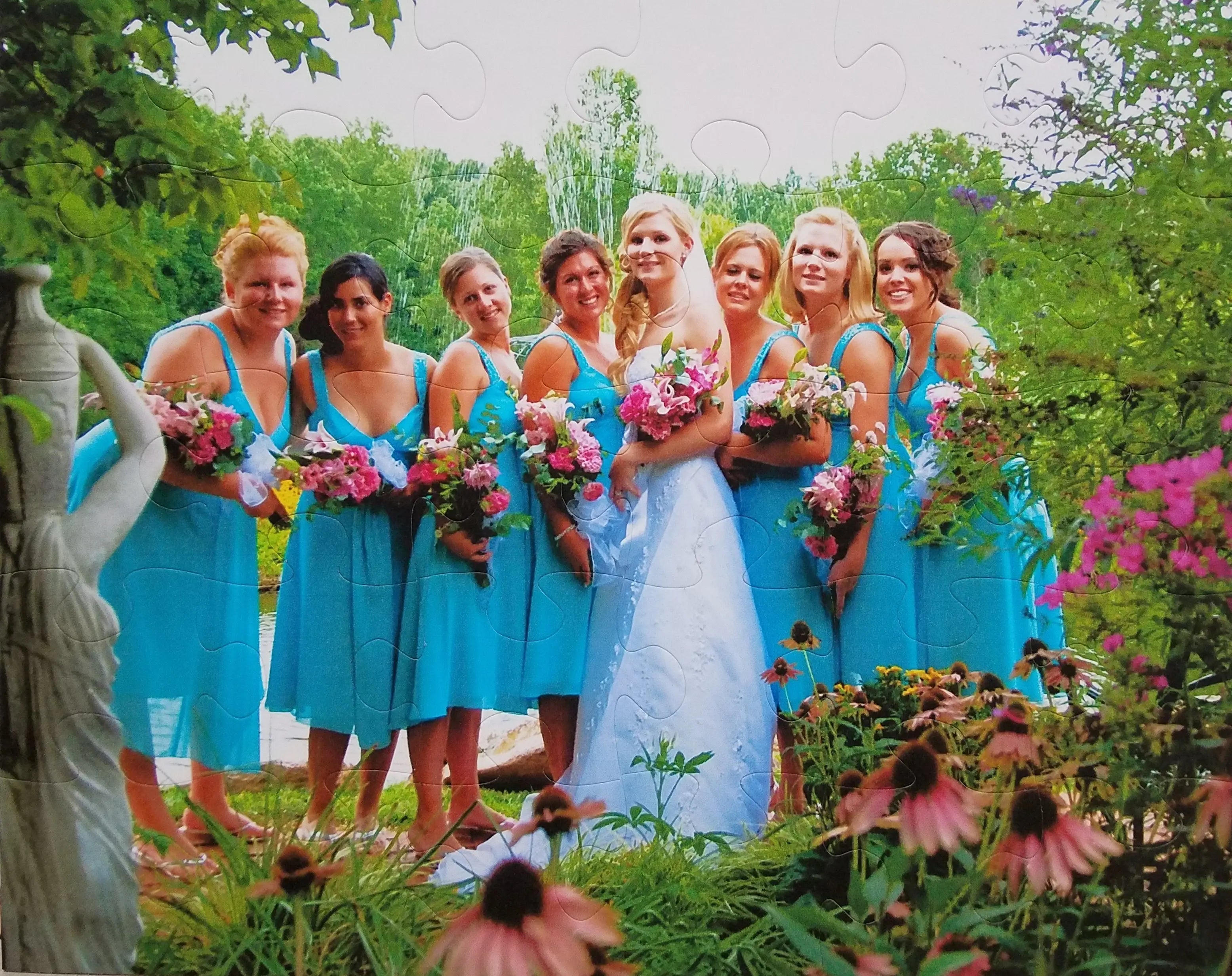 8x10 inch puzzle cut of bridesmaids wearing blue at wedding from The Missing Piece Puzzle Company