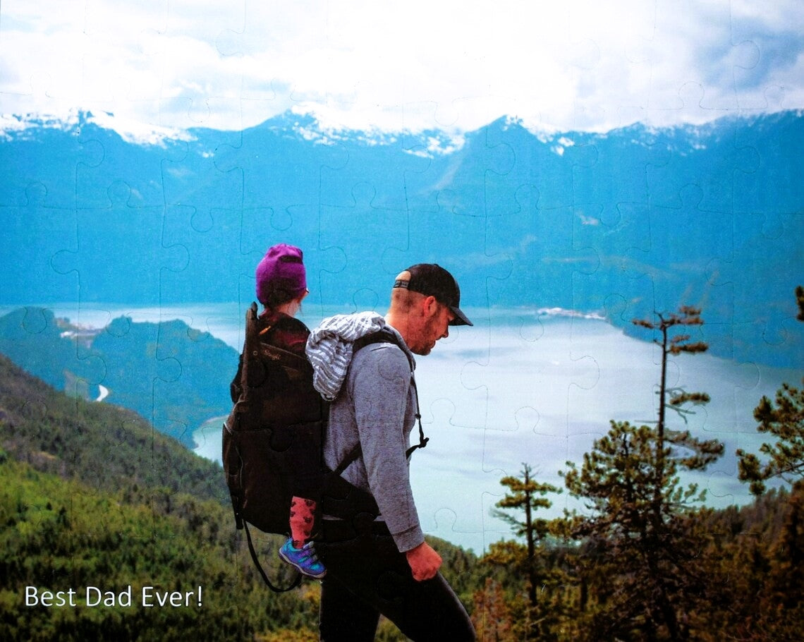 Custom Puzzle with 60 pieces for Father's or Mother's Day.  Shows dad hiking with child.