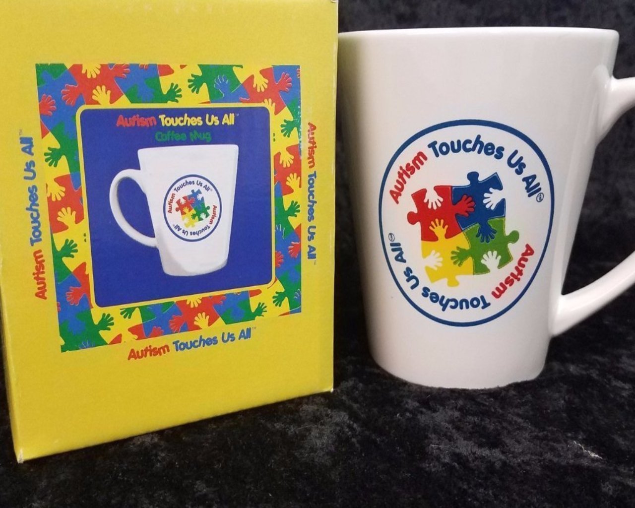 Autism Awareness Coffee Cup "Autism Touches Us All" The Missing Piece Puzzle Company