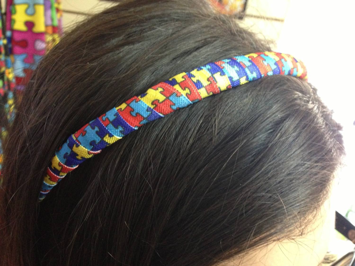 Colorful Autism Awareness hairband headband.  Puzzle piece headband. The Missing Piece Puzzle Company