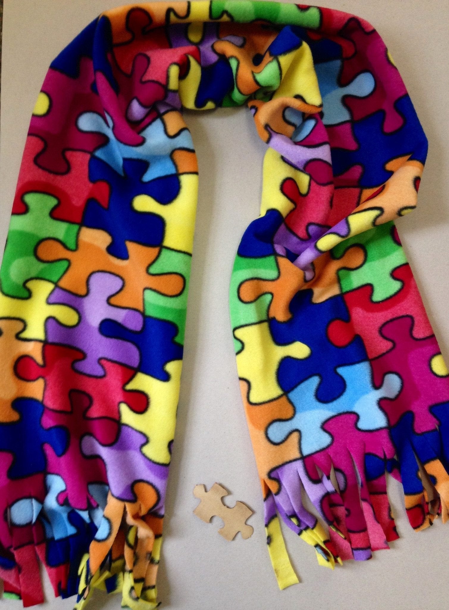 Handmade Jigsaw Puzzle Pattern Scarf Bright and Colorful SALE - Autism Awareness The Missing Piece Puzzle Company