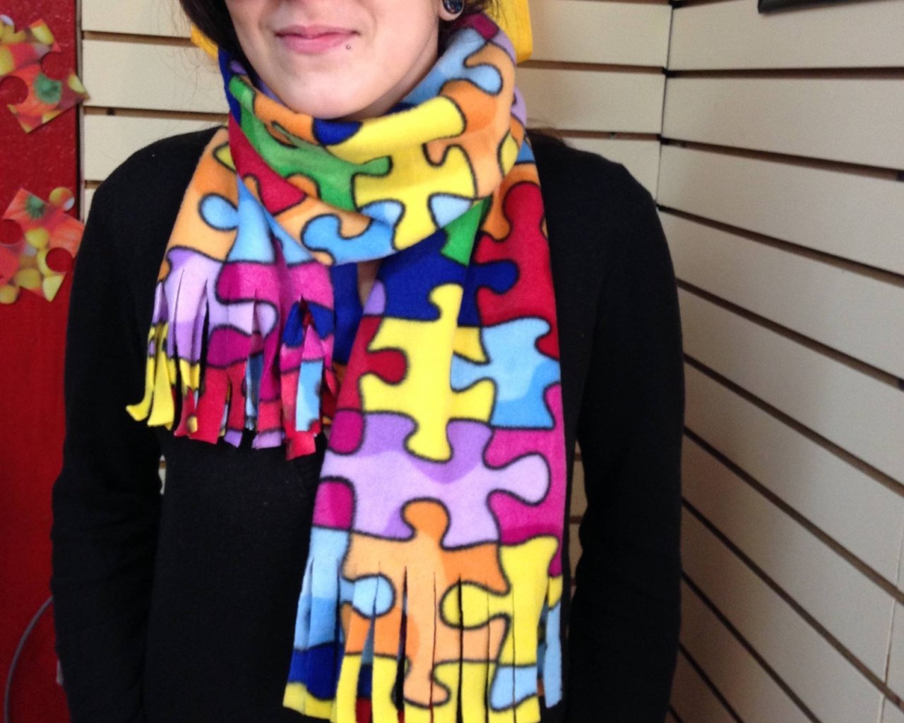 Handmade Jigsaw Puzzle Pattern Scarf Bright and Colorful SALE - Autism Awareness The Missing Piece Puzzle Company