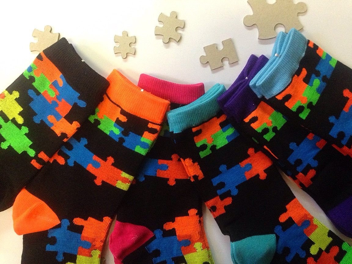 Jigsaw Puzzle Socks size 9-11.  Puzzle pattern socks.  Autism Awareness The Missing Piece Puzzle Company