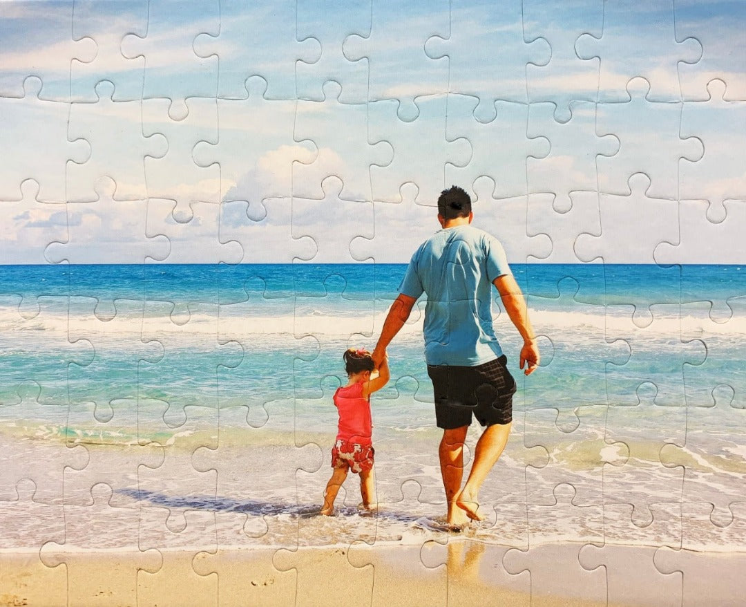 easter puzzle of dad and child on beach.  Personalized easter candy alternative
