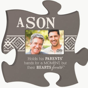 Wall art with Wooden Jigsaw Puzzle Pieces A Son Hold His Parents Hand The Missing Piece Puzzle Company