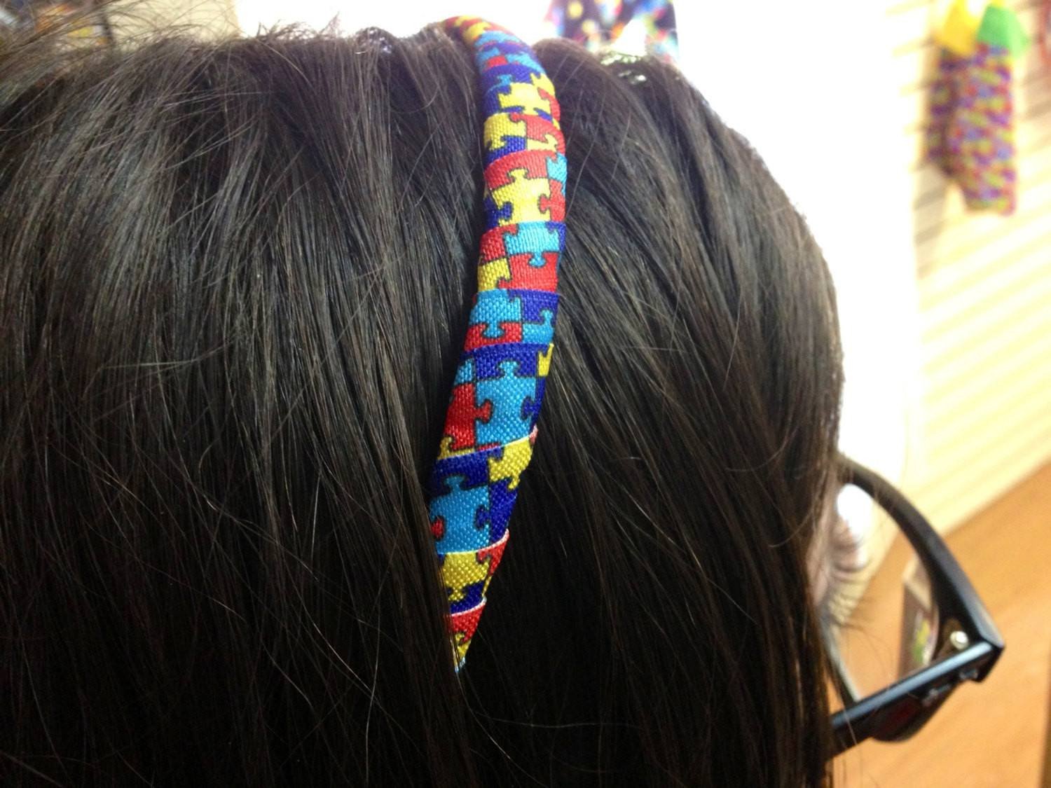 Colorful Autism Awareness hairband headband.  Puzzle piece headband. The Missing Piece Puzzle Company