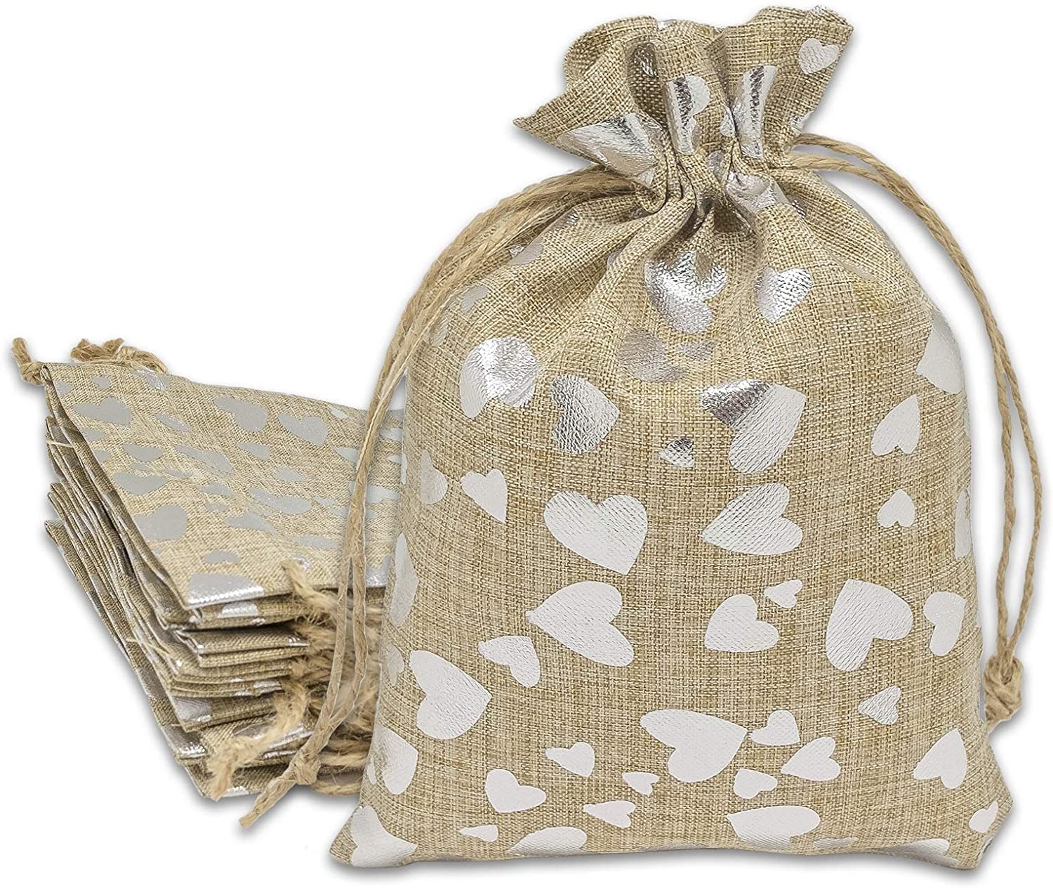 Add A Gift Bag.  Tan Jute colored bag with silver hearts.