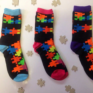 Jigsaw Puzzle Socks size 9-11.  Puzzle pattern socks.  Autism Awareness The Missing Piece Puzzle Company